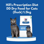 Load image into Gallery viewer, Hill&#39;s Prescription Diet DD Dry Food for Cats (Duck) packaging with a gray cat on a blue background
