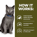 Load image into Gallery viewer, Cat wearing a blue collar with text about limited ingredient nutrition on a green background
