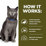 Load image into Gallery viewer, Cat wearing a blue collar with text about limited ingredient nutrition on a green background
