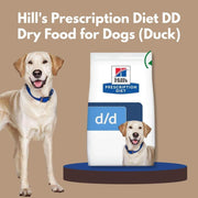 Hill's Prescription Diet DD Dry Food for Dogs (Duck) with a dog and packaging on a beige background