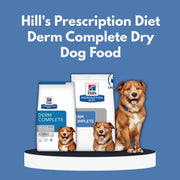 Hill's Prescription Diet Derm Complete dry dog food packages with a dog on a blue background