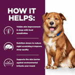 Load image into Gallery viewer, Dog with a purple background and text about its benefits for dogs with food sensitivities.
