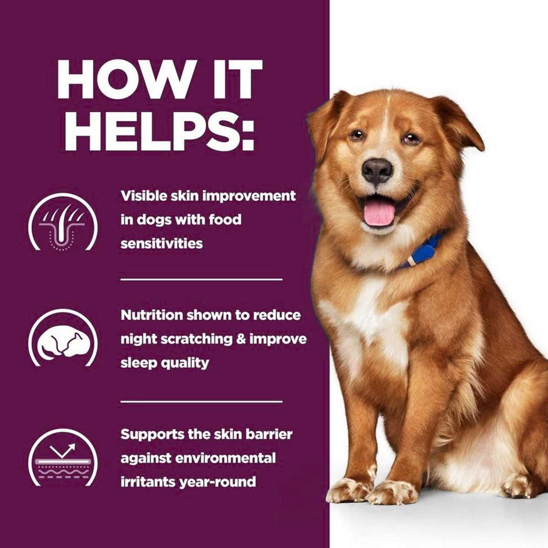 Dog with a purple background and text about visible skin improvement and other benefits.