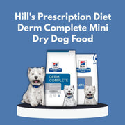 Hill's Prescription Diet Derm Complete Mini Dry Dog Food packaging with dogs on a blue background