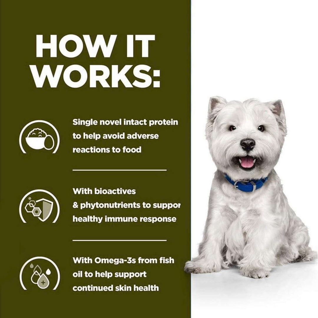 Dog with text explaining a dietary supplement regimen on a green background