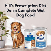 Hill's Prescription Diet Derm Complete Wet Dog Food with a dog and cans on a wooden surface.