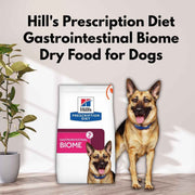 Hill's Prescription Diet Gastrointestinal Biome dry food for dogs with a dog standing next to it on a light background.