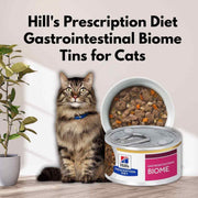 Cat next to Hill's Prescription Diet Gastrointestinal Biome Tins for Cats on a light background