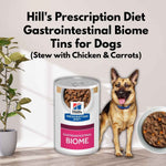 Load image into Gallery viewer, Hill&#39;s Prescription Diet Gastrointestinal Biome Tins for Dogs with a dog and food bowl on a light background
