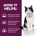 Load image into Gallery viewer, Cat with text on a purple background about the benefits of a product for cats.
