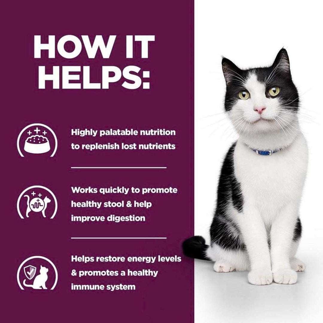 Cat with text on a purple background about the benefits of a product for cats.