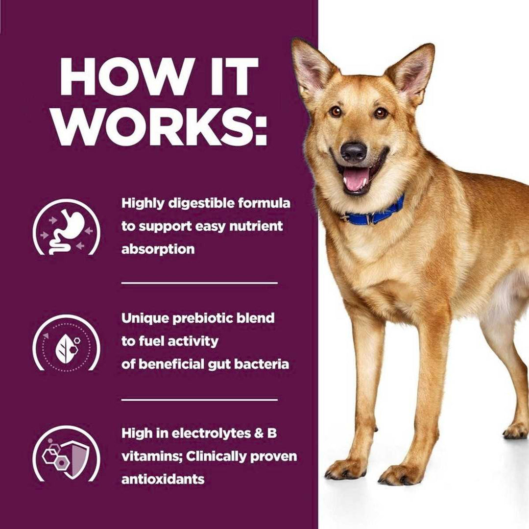 Dog standing next to a purple background with text about a highly digestible formula.