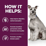 Load image into Gallery viewer, Dog sitting next to a purple panel with text about product benefits on a white background
