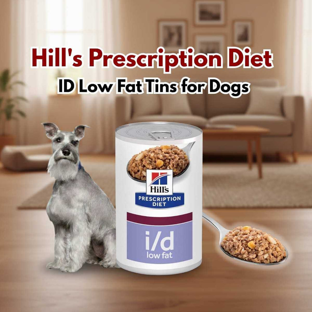 Hill's Prescription Diet i/d low fat can for dogs with a dog and spoonful of food in a home setting.