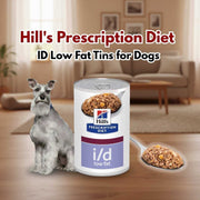 Hill's Prescription Diet i/d low fat can for dogs with a dog and spoonful of food in a home setting.