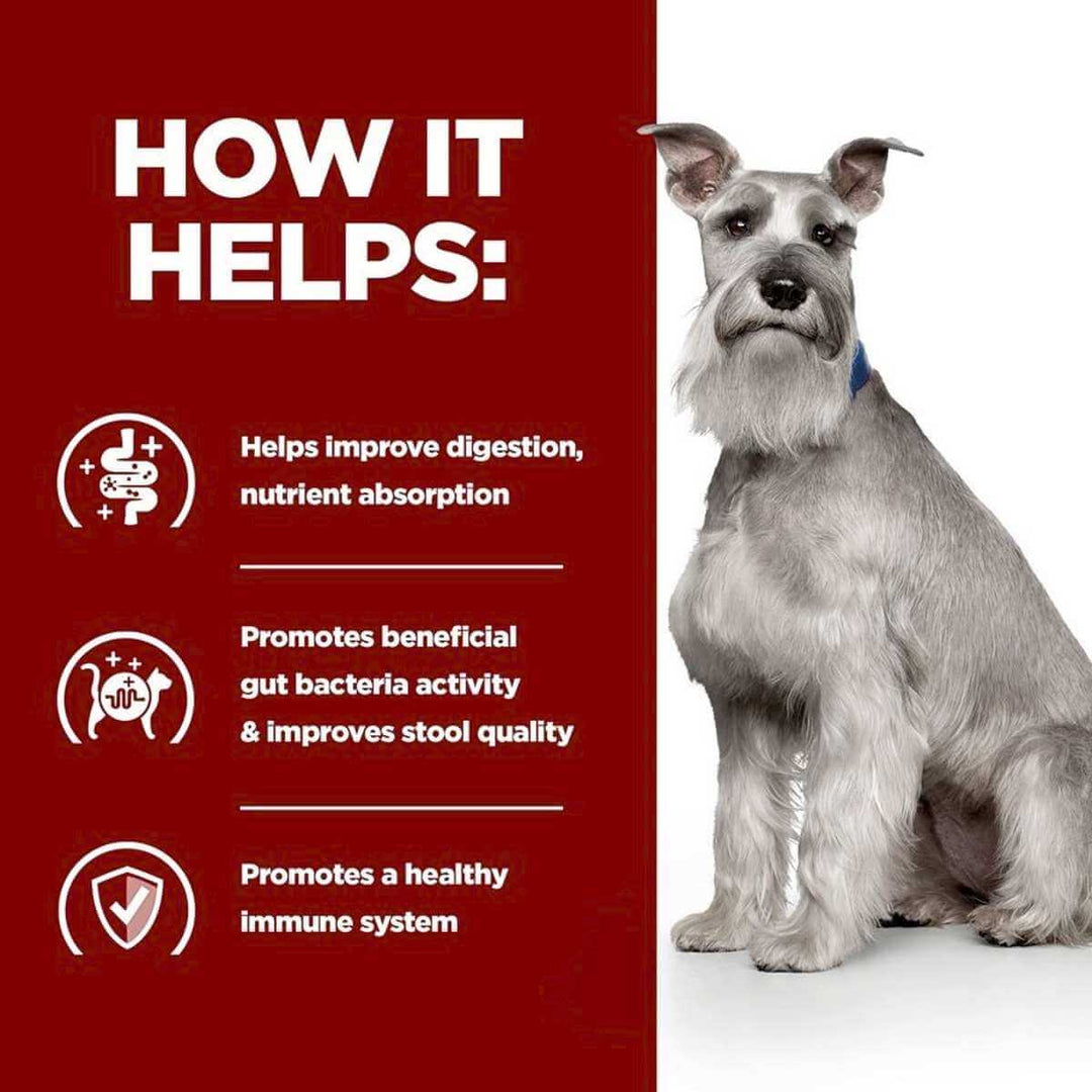 Dog sitting next to a red panel with text about health benefits on a white background