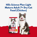 Load image into Gallery viewer, Hills Science Plan Light Mature Adult 7+ Dry Cat Food packaging with a cat sitting next to it on a red background.
