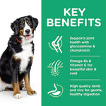Load image into Gallery viewer, Dog with key benefits of a pet food product on a green background

