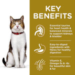 Load image into Gallery viewer, Cat with a red collar on a white background, next to text listing key benefits of a pet product.
