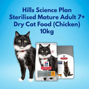 Cat standing next to Hills Science Plan cat food packages on a blue background