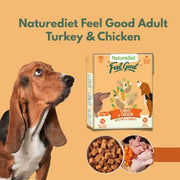 Dog looking at a Naturediet Feel Good Adult Turkey & Chicken dog food package on an orange background