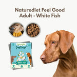 Load image into Gallery viewer, Naturediet Feel Good Adult White Fish dog food packaging with a dog on a white background
