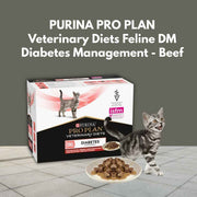 PURINA PRO PLAN Veterinary Diets Feline DM Diabetes Management Beef packaging with a cat and food dish on a gray background