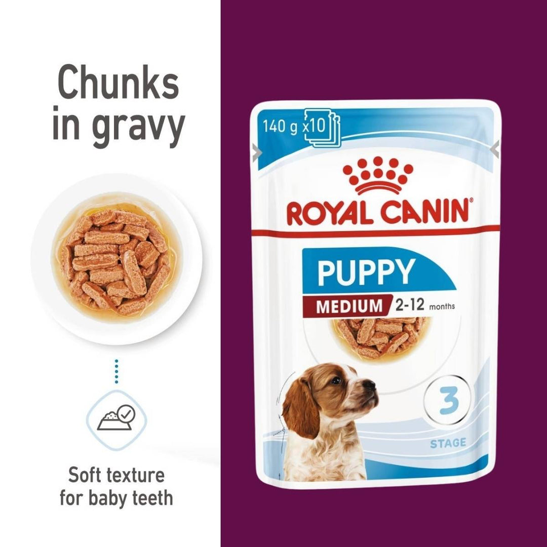 Royal Canin Puppy Medium wet dog food package with text about chunks in gravy and soft texture for baby teeth.