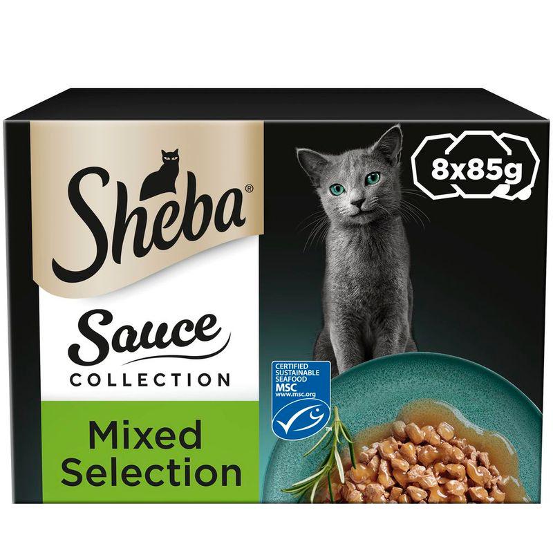 Sheba Sauce Collection wet cat food trays with meat in sauce

