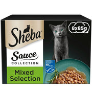 Sheba Sauce Collection wet cat food trays with meat in sauce

