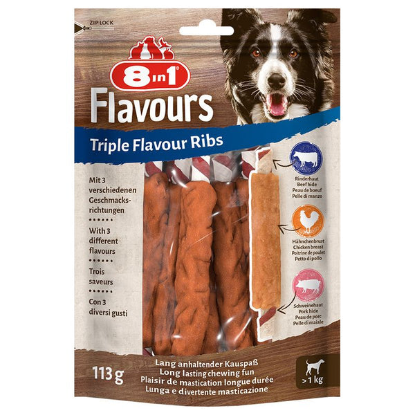 Package of 8in1 Flavours Triple Flavour Ribs for dogs with a dog's face on the packaging.