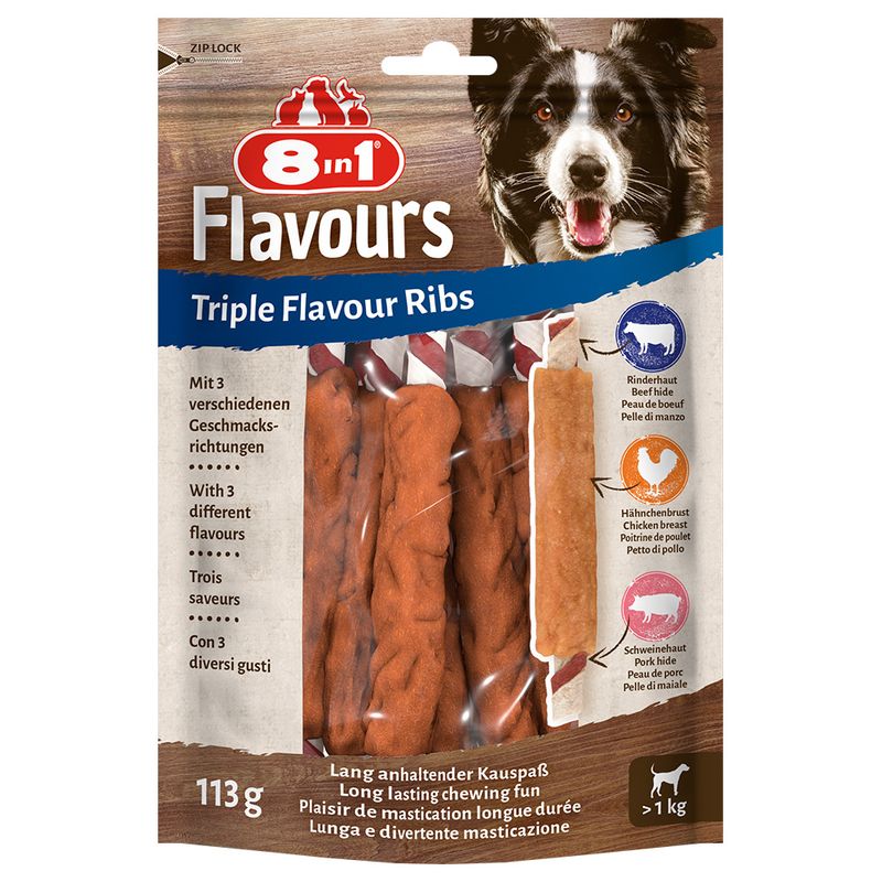 Package of 8in1 Flavours Triple Flavour Ribs for dogs with a dog's face on the packaging.