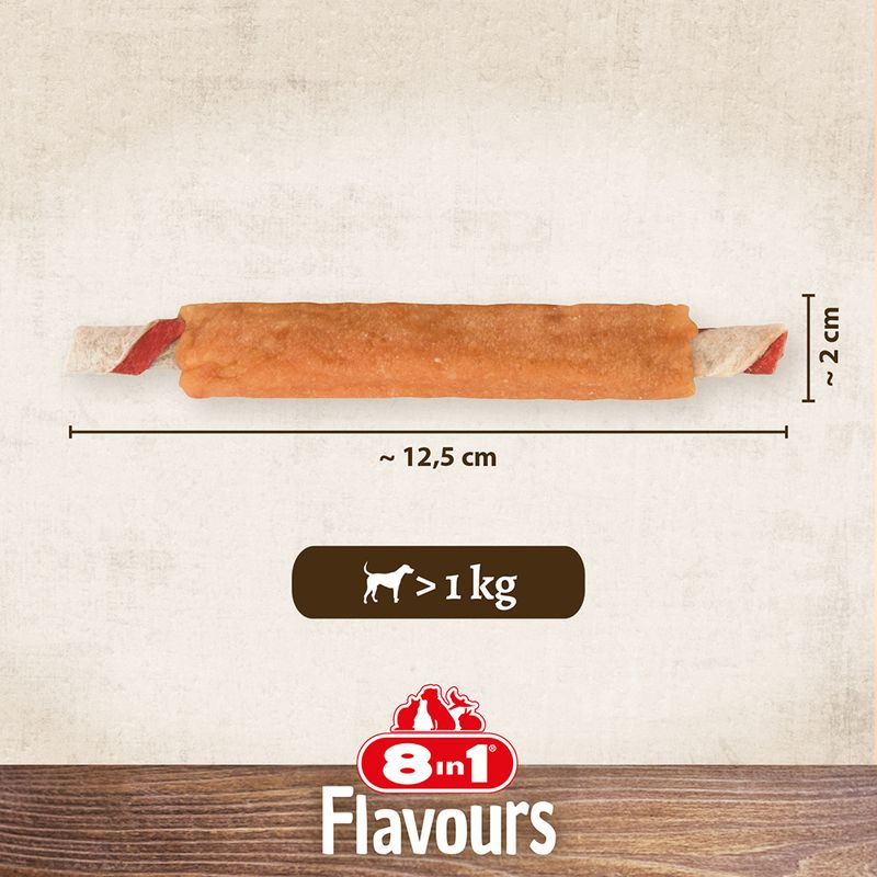 Dog treat with dimensions and weight recommendation on a neutral background, featuring the 8 in 1 Flavours brand.