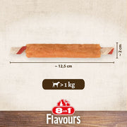 Dog treat with dimensions and weight recommendation on a neutral background, featuring the 8 in 1 Flavours brand.