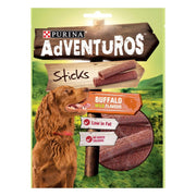Purina Adventuros Buffalo Wild Flavour dog treats packaging with a dog and sign design.