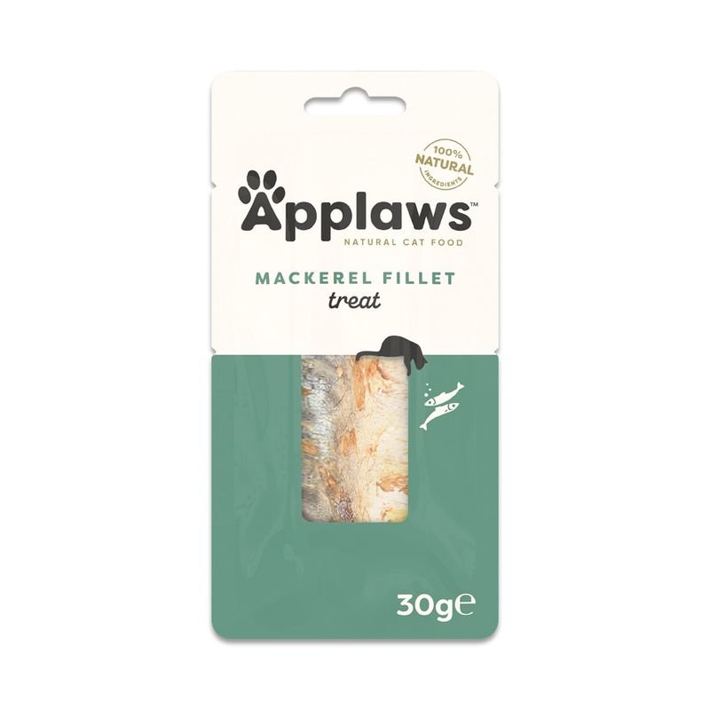 Packaged mackerel fillet treat for cats by Applaws on a white background