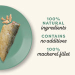 Load image into Gallery viewer, Mackerel fillet on a green plate with text about natural ingredients and mackerel fillet.
