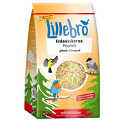 Lillebro bird food package with a cartoon design of birds and trees on a white background