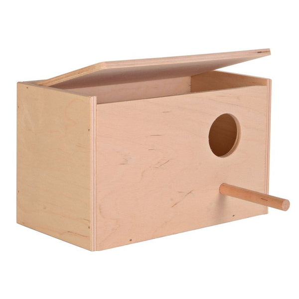 Wooden birdhouse with a hinged lid on a white background