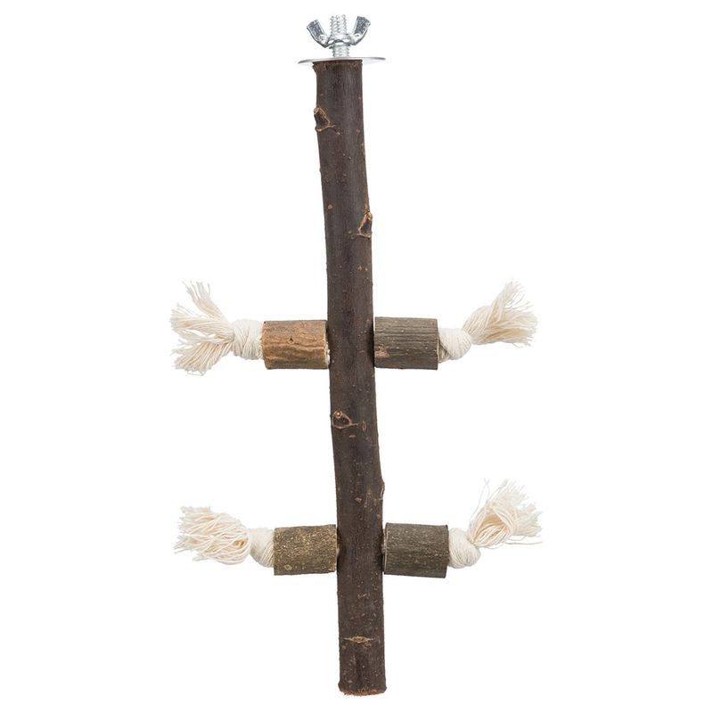 Wooden climbing toy with rope for small animals on a white background