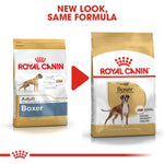 Load image into Gallery viewer, Two packages of Royal Canin Adult Boxer dog food with a red arrow between them indicating &#39;New Look, Same Formula&#39;.
