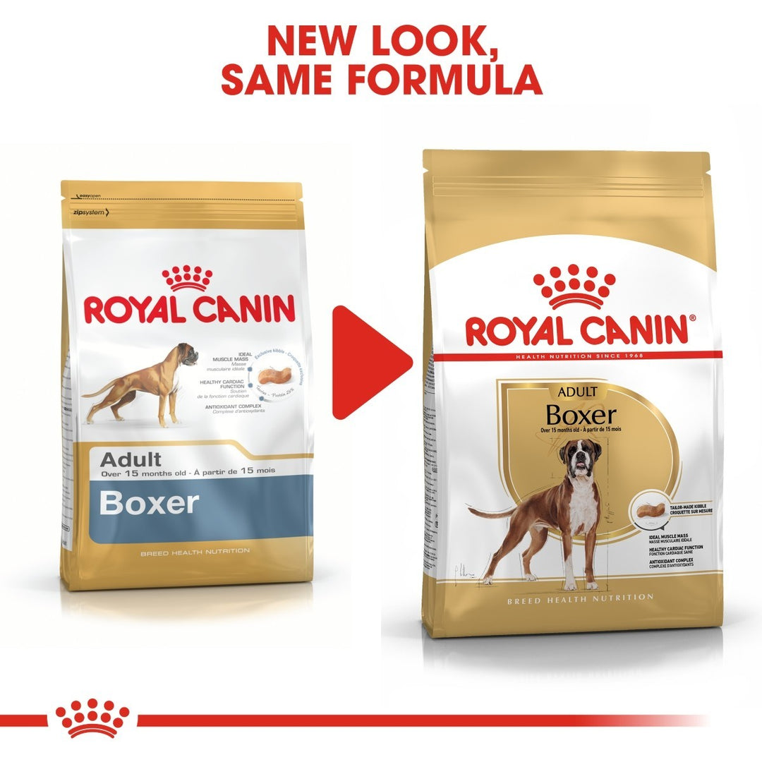 Two packages of Royal Canin Adult Boxer dog food with a red arrow between them indicating 'New Look, Same Formula'.