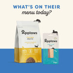 Load image into Gallery viewer, Two Applaws pet food packages, one for chicken adult cat food and the other for tuna loin treat, on a blue and white background.
