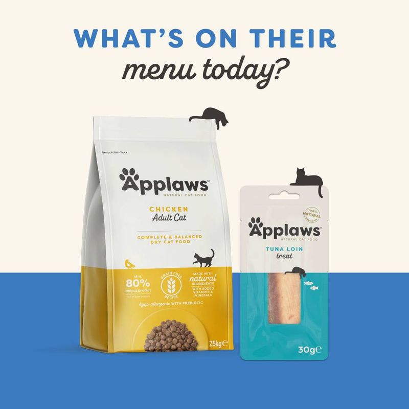 Two Applaws pet food packages, one for chicken adult cat food and the other for tuna loin treat, on a blue and white background.