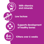 Load image into Gallery viewer, Purple background with white text and icons about vitamins, minerals, low lactose content, bone health support, and age suitability for kittens.

