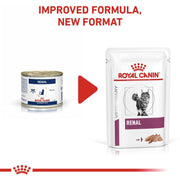 Royal Canin Veterinary Diet Renal cat food packaging with text 'Improved Formula, New Format' on a white background.