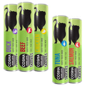 Set of Cosma Snackies pet food cans with different flavors on a white background