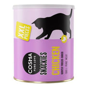 Cosma Snackies chicken cat food can with purple label and black cat silhouette