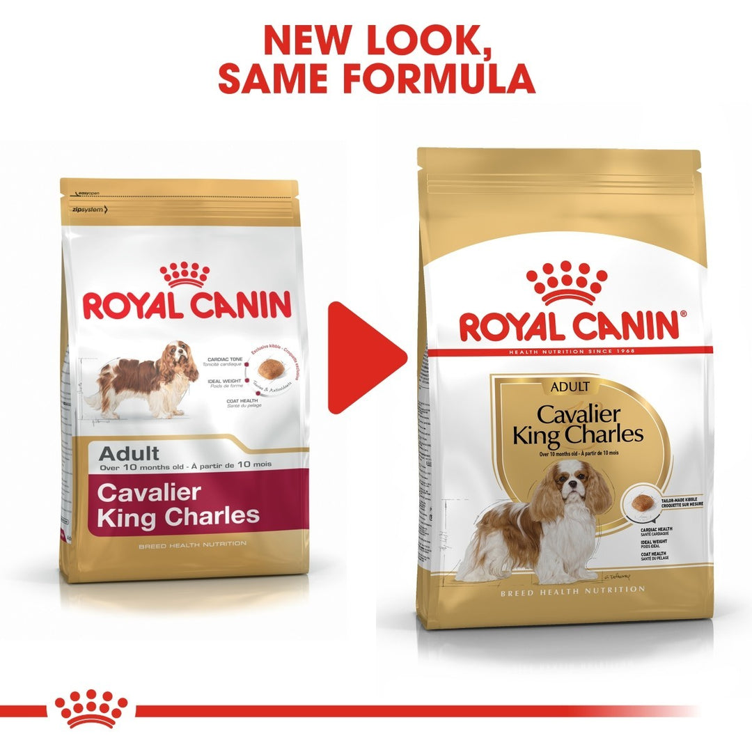 Two packages of Royal Canin Cavalier King Charles dog food with a red arrow between them.