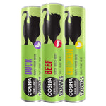 Load image into Gallery viewer, Three green cans of Cosma Pure Love Snackies with black silhouettes of animals on a white background.

